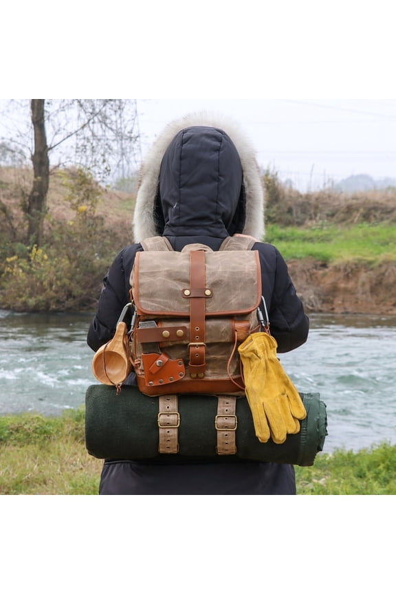 Outdoor Camping 20L Retro Waterproof Oil Wax Canvas Backpack,Khaki