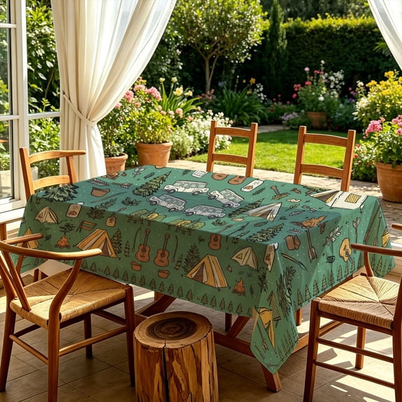 Outdoor Camping Adventure Camper Van Tent Guitar Forest 2D Print Tablecloth, Decorative Cover for Kitchen Dining Patio Garden Weekend Gatherings, Perfect Christmas Gift
