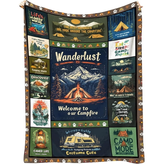Outdoor Camping Blanket 60x50 Flannel Fleece Throw, Vintage Camp Poster Collage, Campfire Tent Mountain Design, RV Camper & Cabin Decor, Soft Couch Throw, Glamping Gift for Campers
