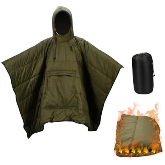 Outdoor Camping Blanket, 79'' x 54'' Winter Poncho Coat Warmth Small Quilt Blanket Water-resisitant Sleeping Bag Cloak Cape with Hat for Adult, Green$$Sport & Recreation Other