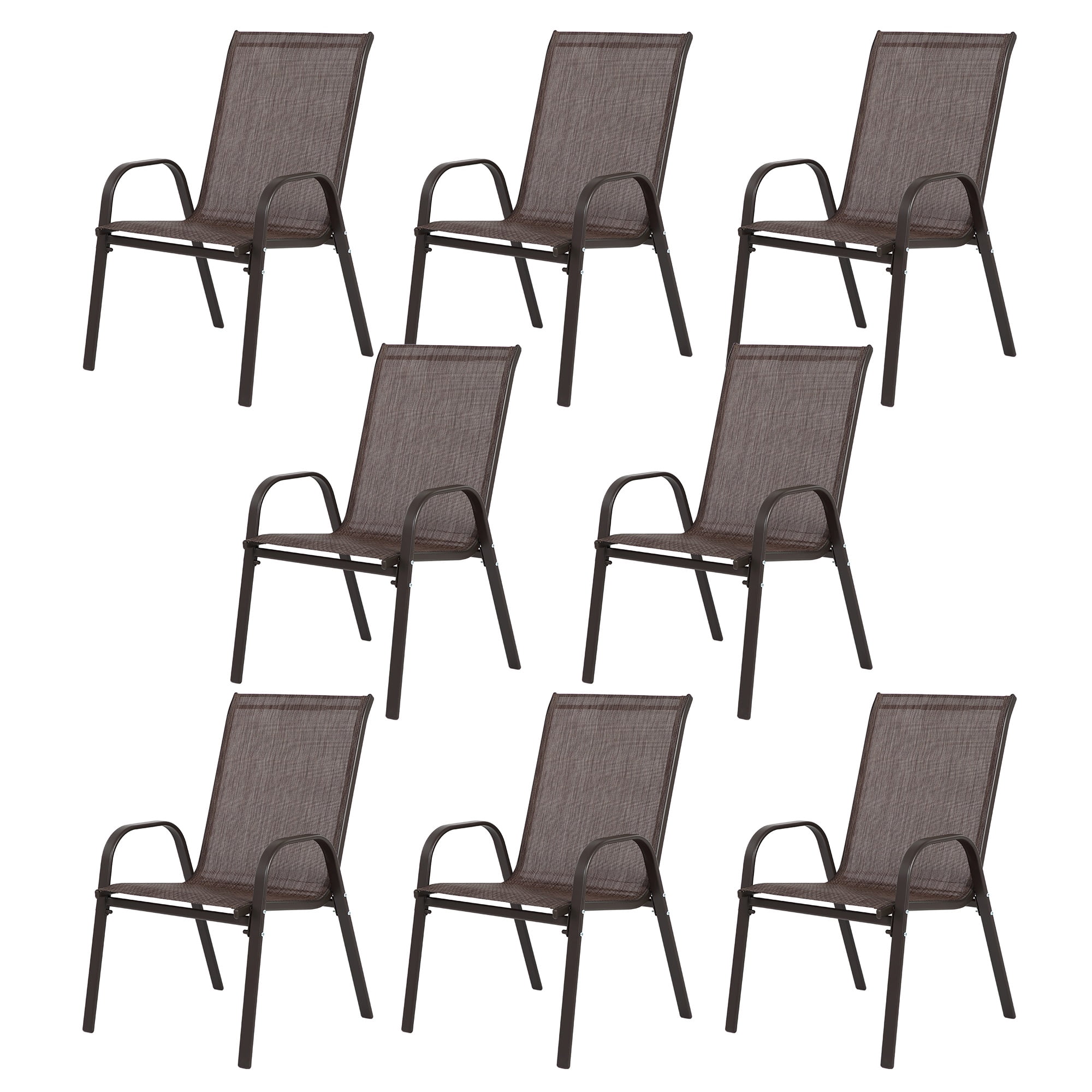 Outdoor Camping Chairs Set of 8 with Breathable Textilene Fabric, Lightweight Patio Chairs with Armrest for Garden and Beach, Brown