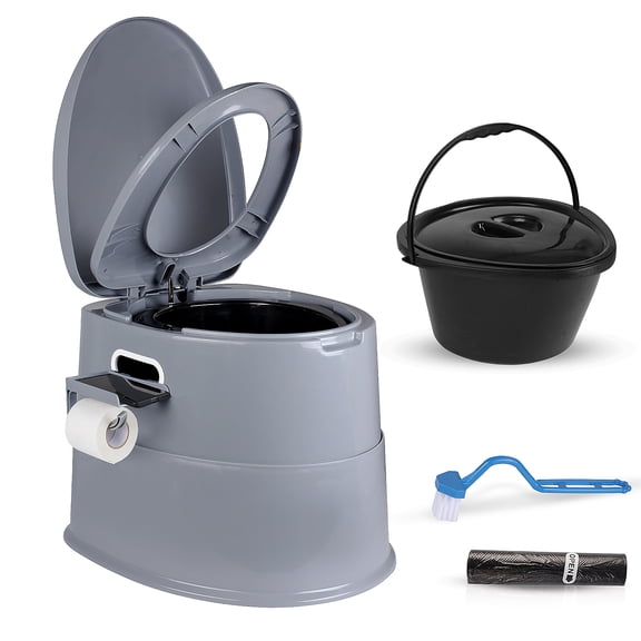 Outdoor Camping Commode with 1.3 Gal Removable Inner Bucket and Detachable Paper Holder, Portable Travel Toilet with Dual Lids for Long Road Trips and Car Use