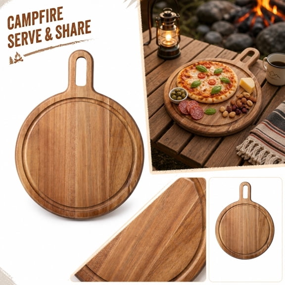 Outdoor Camping Decorations Solid Wood Pizza Board with Handle, 10.23x7.48 Inch Round Serving Platter for Snacks & Bread