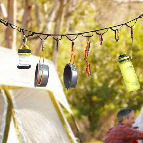 Outdoor Camping Gear Lanyard with 19 D-Ring Hooks | 480cm Adjustable Rope for Hanging Equipment & Clothesline | Portable Storage for Camp, Garage, RV