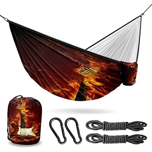 Outdoor Camping Hammock Electric Guitar in Flames Burning Fire Double & Single Hammocks with 2 Tree Straps Portable Heavy Duty Nylon Hammocks for Backpacking, Travel, Beach, Backyard, , Hiking