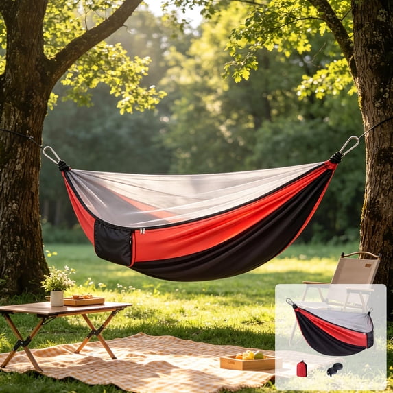 Outdoor Camping Hammock with Hanging Hook, Hanging Rope, Mosquito-proof Mesh, Storage Bag, Convenient To Install Portable Hammock for Outdoor Activities / Backyard / Patio