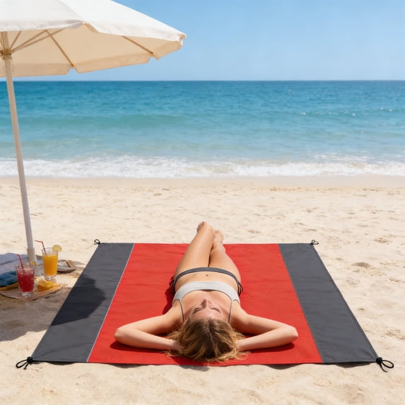 Outdoor Camping Picnic Beach Mat, Waterproof Foldable Checkered Blanket with Pockets, Red, 200x210cm