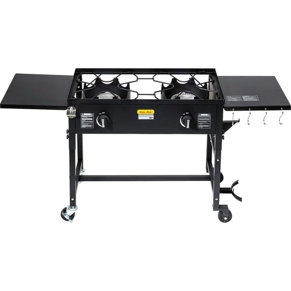 Outdoor Camping Propane Double Burner Stove 2 Folding Cook Cooking Station Stand Picnic BBQ Grill 58,000 BTU, Black
