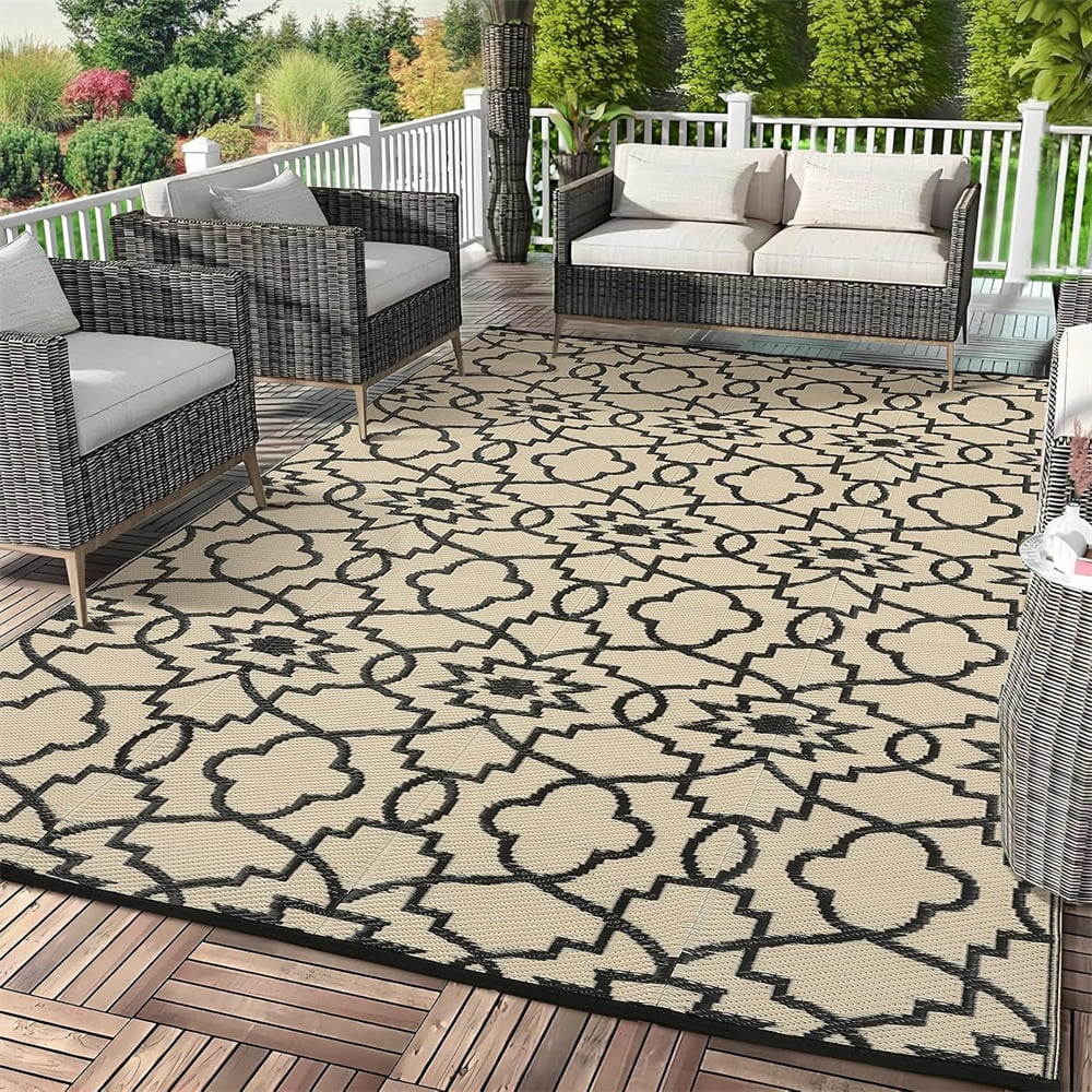 Outdoor Camping Rug for Patio 8x10/9x12/9x18 Stain-Resistant Modern Plastic Straw Rugs with Geometric Floral Pattern, UV-Resistant Reversible Mat for Picnic, RV, Porch, Deck