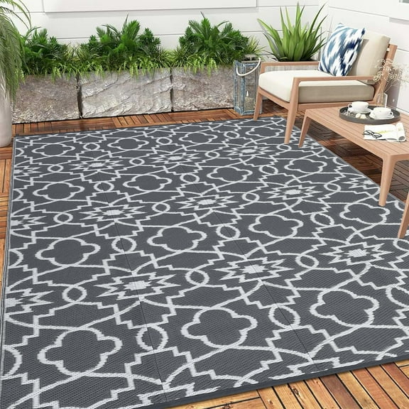 Outdoor Camping Rug for Patio 8x10/9x12/9x18 Stain-Resistant Modern Plastic Straw Rugs with Geometric Floral Pattern, UV-Resistant Reversible Mat for Picnic, RV, Porch, Deck