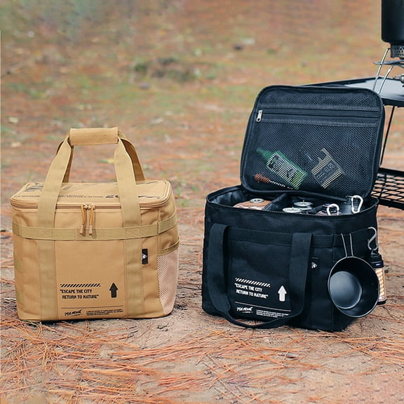 Outdoor Camping Storage Bag, Picnic Tableware Organizer, Waterproof Nylon, Multiple Compartments, for Utensils and Cookware, Picnic Barbecue and Road Trips, Brown, by FAJHHA