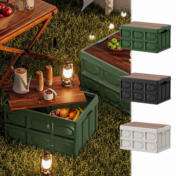Outdoor Camping Storage Box, Folding Organizer for Camping, Car Trunk, Clothing Storage, Wooden Lid, Military Green, 1pc Plastic Box, 1pc Wooden Board, 20l, by Ihhxbs
