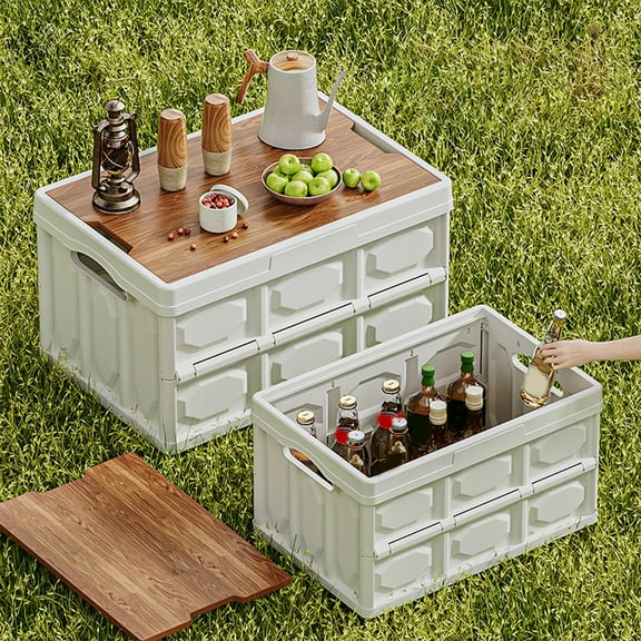 Outdoor Camping Storage Box Organizer Folding Wooden Lid for Camping, Car Trunk, Clothing Storage, 1pc Plastic Box, 1pc Wooden Board, 20l, by Ihhxbs