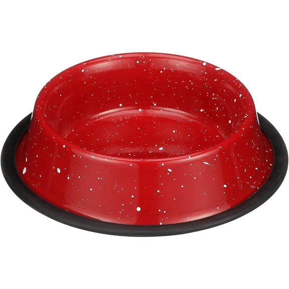 Outdoor Camping Style Pet Bowl - Enamel Ware Blue Black Granite Colors - Dog Cat No Tip Skid Bowls (16 oz, Red)