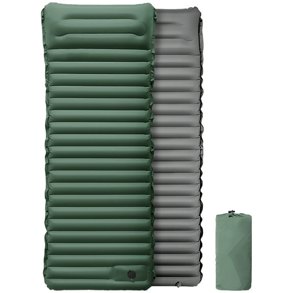 Outdoor Camping Tent Foot Pump TPU Inflatable Mattress, Ultra-Light Sleeping Pad for Backpacking and Beach Picnic, Foldable, Quick-Inflation, Head Support, Green with Gray