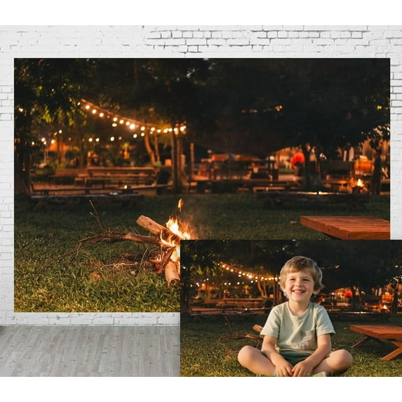 Outdoor Camping Themed Backdrop , Burning Campfire ,Trees Adorned With String Lights Wooden Tables and Chairs Outdoor - Styled Decorative Background, Photography Backdrop for Capturing Camping