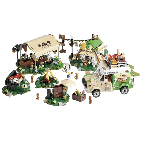 Outdoor Camping Van & Picnic Scene Building Blocks Set, Forest Camper Van Model, Creative Birthday Gift, Home Office Table Centerpiece