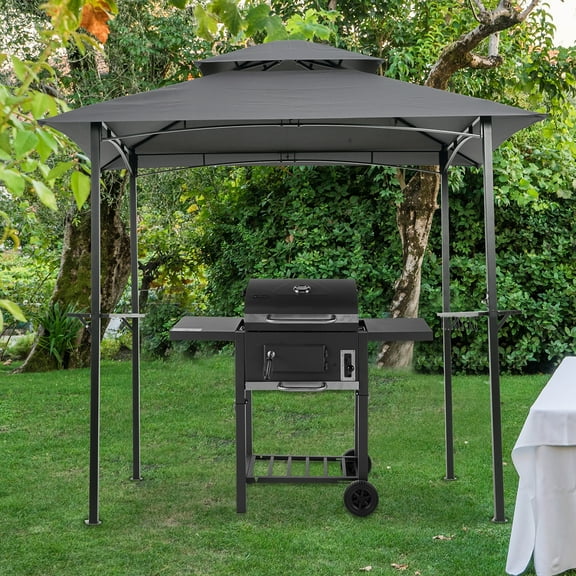Outdoor Canopy Gazebo, 8 x 5 Ft Grill Gazebo with Bar Counters, Hooks and Bottle Opener, Patio Barbecue Canopy Shelter, Double Vented Gazebo Tent, for Backyard Wedding Party, Gray, D6708