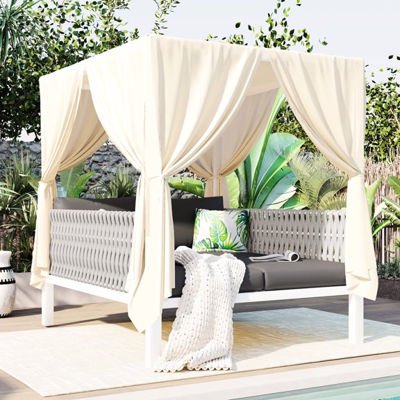 Outdoor Canopy Sun Lounger | Comfortable Seating for Leisure | Premium Rope Weaving and Iron Structure | Fixes the Problem of Unstable Outdoor Seating