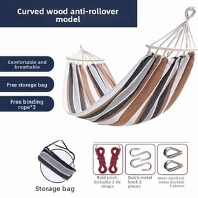 Outdoor Canvas Hammock Swing — Single or Double Person, Striped Design, with Curved Spreader Bars — Anti-Tip Polyester-Cotton Hammock