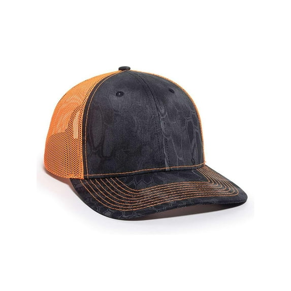 Kryptek Typhon Camo Trucker Hat – Structured Pro Round Baseball Cap with Mesh Back, Adjustable Snapback, One Size, Neon Orange