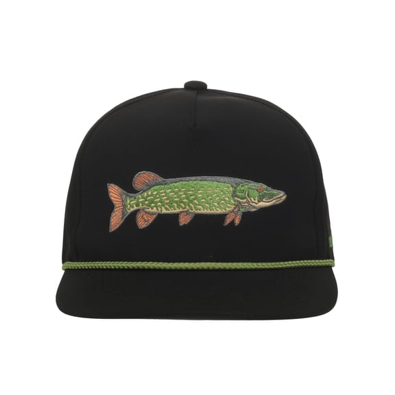 Outdoor Cap Northern Pike 5-Panel Structured Hat  Embroidered Fishing Cap, Flat Visor with Rope, Black, One Size