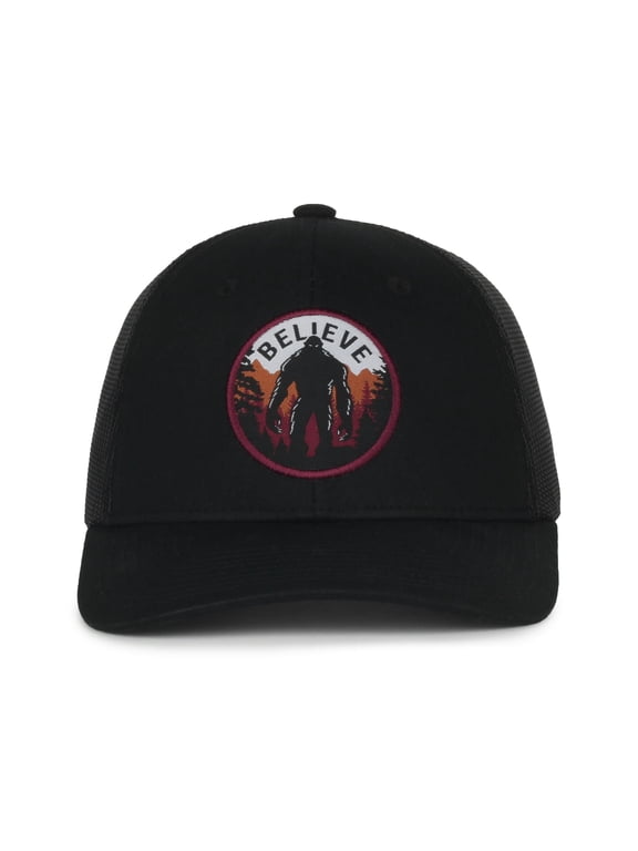Bigfoot Trucker Hat Structured Black Cap with Sasquatch Patch, Adjustable, One Size