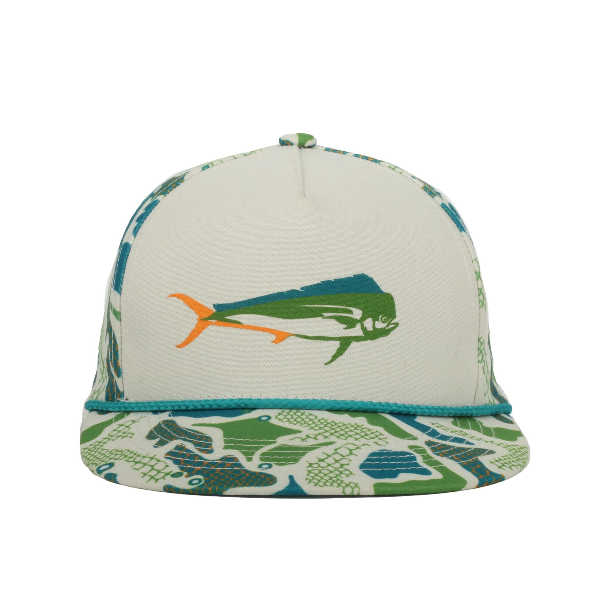 Outdoor Cap Mahi Fishing 5-Panel Structured Hat – Flat Visor with Rope, Sublimated Camo Print, Ivory, One Size