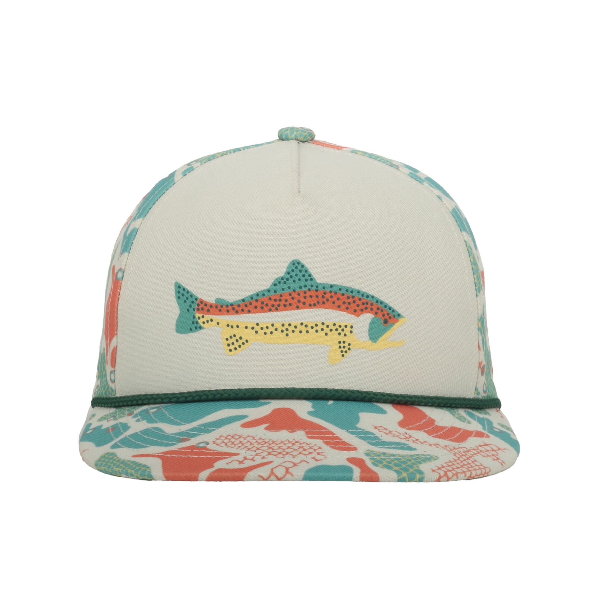 Outdoor Cap Trout Fishing 5-Panel Structured Hat – Flat Visor with Rope, Sublimated Camo Print, Ivory, One Size