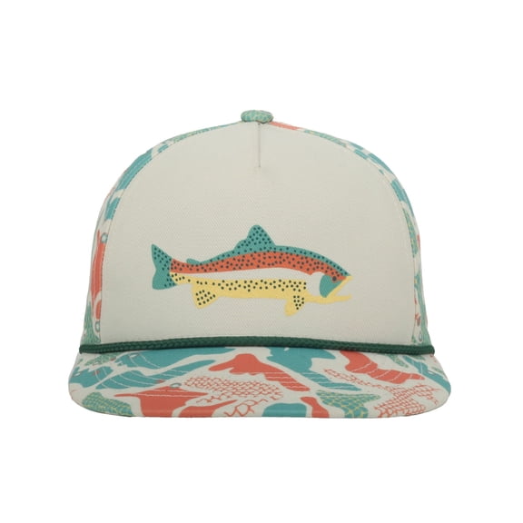 Outdoor Cap Trout Fishing 5-Panel Structured Hat  Flat Visor with Rope, Sublimated Camo Print, Ivory, One Size