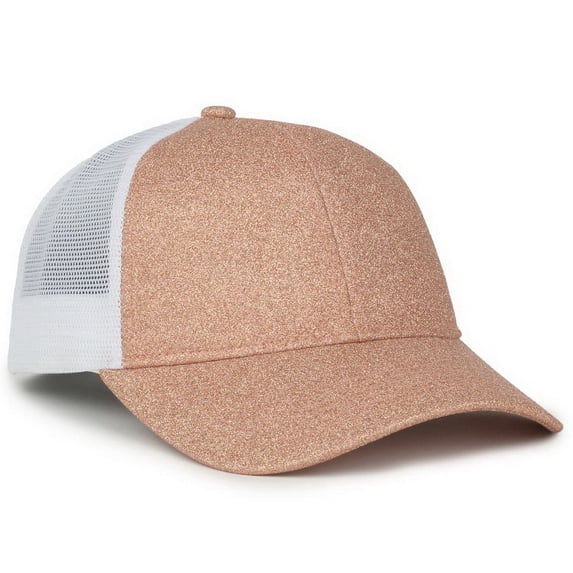 Outdoor Cap Glitter Trucker Hat – Low Profile Structured Mesh Back Baseball Cap, Adjustable Snapback, One Size, Rose Gold/White