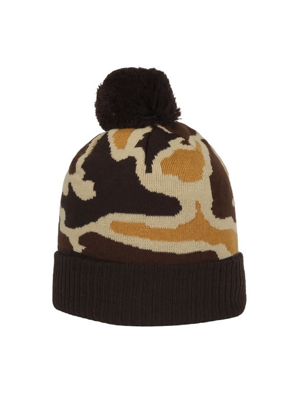 Camo Pom Beanie – Cold-ather Knit Acrylic Winter Hat with Vintage Waterfowl Pattern, One Size