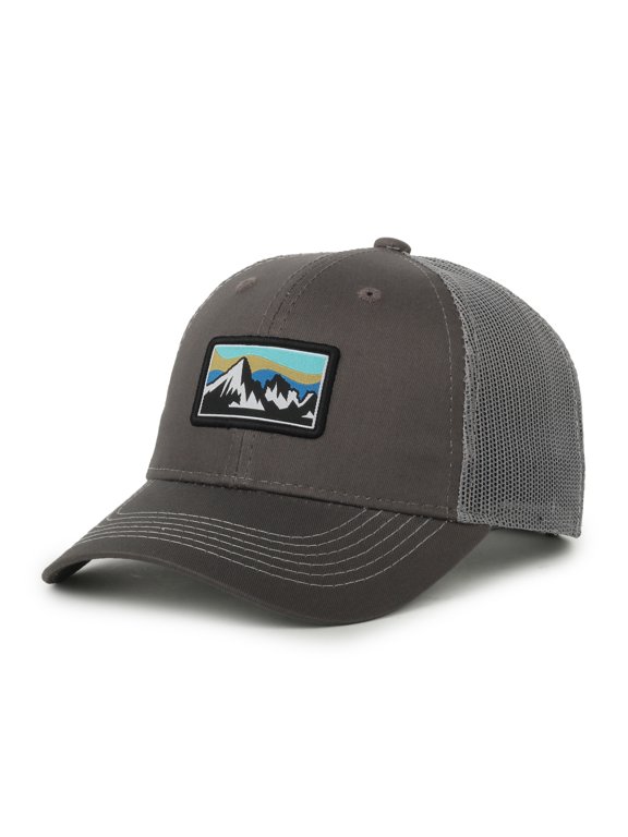 Mountain Scenic Patch Trucker Hat, Gray Cotton Twill with Mesh Back, Mid Profile
