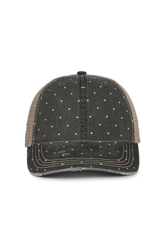 Tea-Stained Polka Dot Baseball Cap – Low Profile Unstructured Distressed Hat with Mesh Back, Adjustable Snapback, One Size