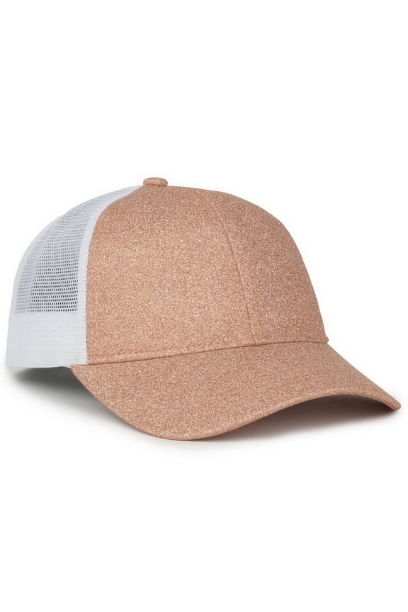 Glitter Trucker Hat – Low Profile Structured Mesh Back Baseball Cap, Adjustable Snapback, One Size, Rose Gold/White