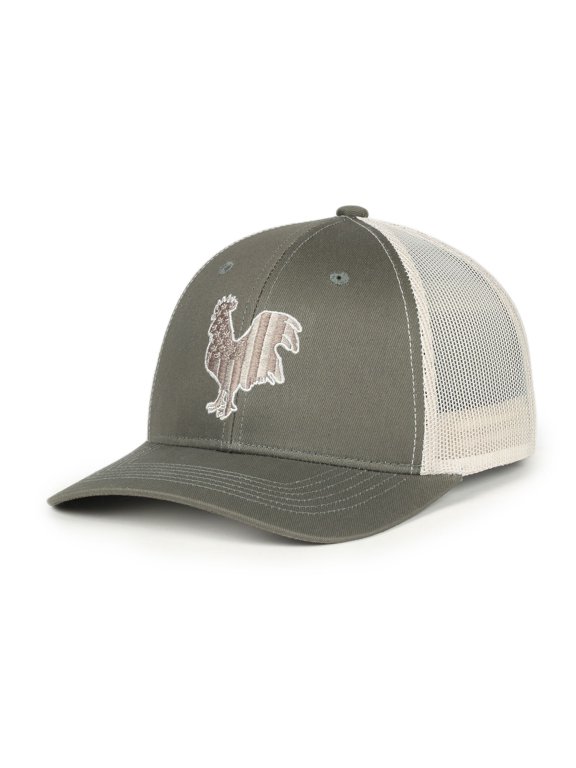 Rooster American Flag Trucker Hat, Olive Cotton with Mesh Back, Mid Profile Snapback