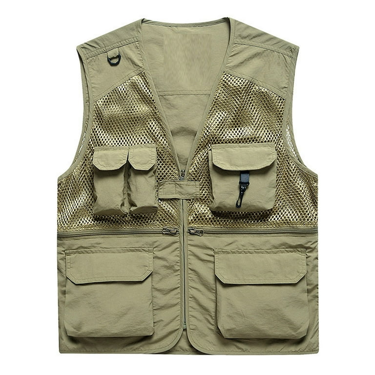 Outdoor Cargo Jackets for Men's Casual Work Safari Travel Photo Fishing Vest  Zip-up Waistcoat Multi Pockets (3X-Large, Khaki 02) 