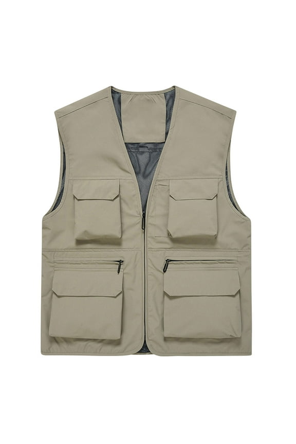Father's Day Gifts,Outdoor Cargo Jackets for Men's Casual Work Safari Travel Photo Fishing Vest Zip-up Waistcoat Multi Pockets (Large, Khaki 01)