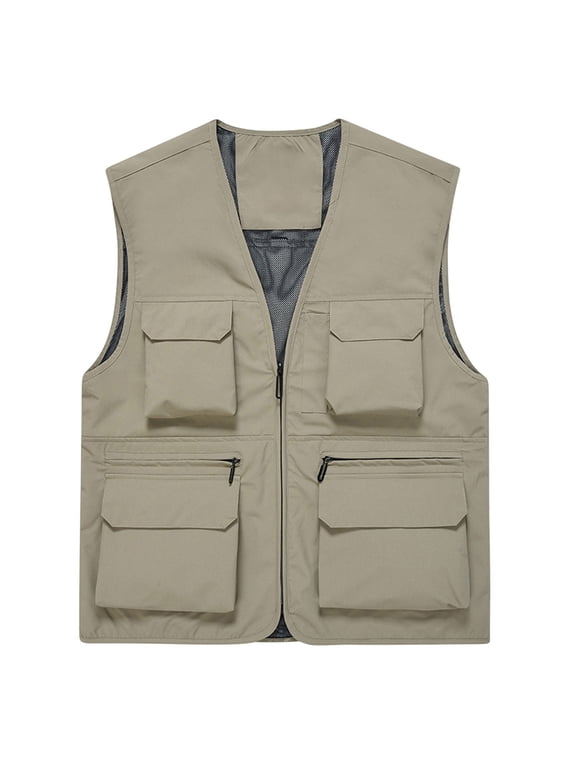 Outdoor Cargo Jackets for Men's Casual Work Safari Travel Photo Fishing Vest Zip-up Waistcoat Multi Pockets (Medium, Khaki 01)
