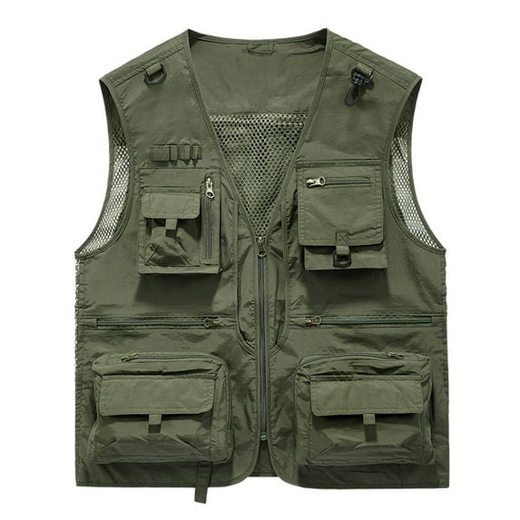 Outdoor Cargo Jackets for Men's Casual Work Safari Travel Photo Fishing Vest Zip-up Waistcoat Multi Pockets (XX-Large, Army Green)