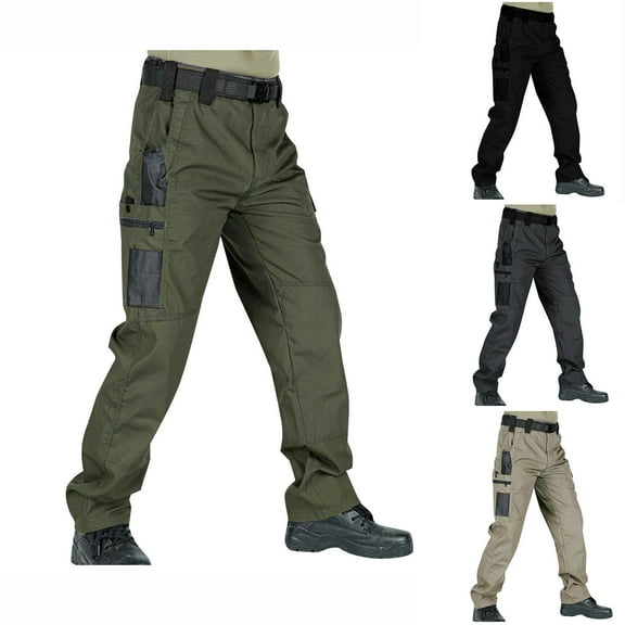 Outdoor Cargo Pants for Men Zipper Multiple Pockets Solid Color Sweatpants Straight-Leg Trousers