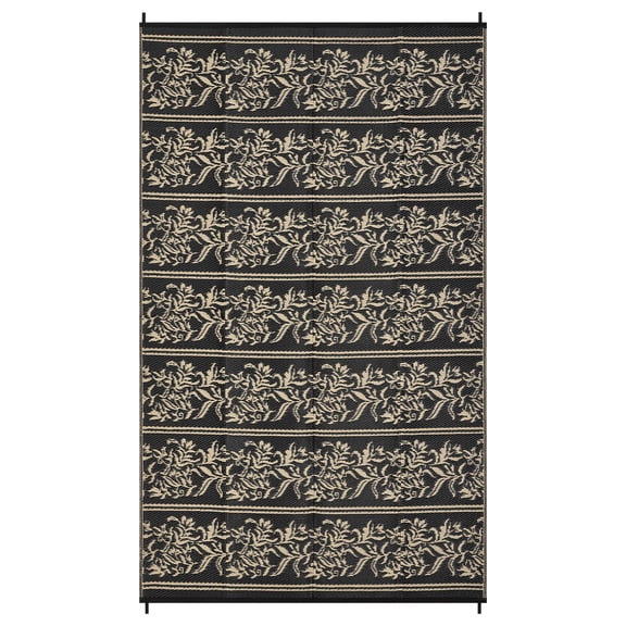Outdoor Carpet 9x18 Waterproof Reversible, Plastic Straw Mat with Floral Wallpaper Pattern for Patio, Deck, RV, Camping, Picnic, Beach, Backyard in Black Coffee