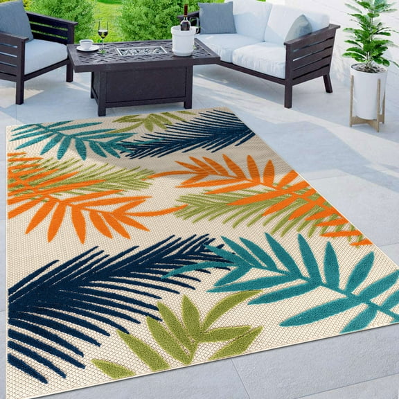 Outdoor Carpet Evora Palm Frond Indoor Outdoor Area Rug Patio Rugs 5x7 Easy to Clean
