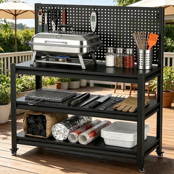 Outdoor Cart Grill Table with Storage, Heavy Duty Metal Rolling Grill Cart,Grill Stand Side Table for Outdoor Cooking Station Pizza Oven,Black
