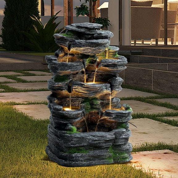 Outdoor Cascading Rock Garden Water Fountain with LED Light and Pump | 7-Tiers Indoor Waterfall Fountains, Freestanding Fountain with Stone Look for Patio, Garden, Porch