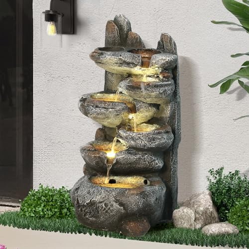 Outdoor Cascading Rock Water Fountain, 6-Tiers Fountains and Waterfalls with LED Lights, Indoor Freestanding Resin Waterfall Feature w/Pump for Patio, Garden, Backyard, Deck, Porch, Home Decor