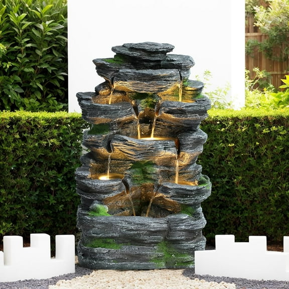 Outdoor Cascading Stone Water Fountain, 7-Tier Floor Natural Looking Rock Fountains with LED Pump Moss Decor, Freestanding Resin Fountain and Cascading Water Feature for Patio Garden, Grey