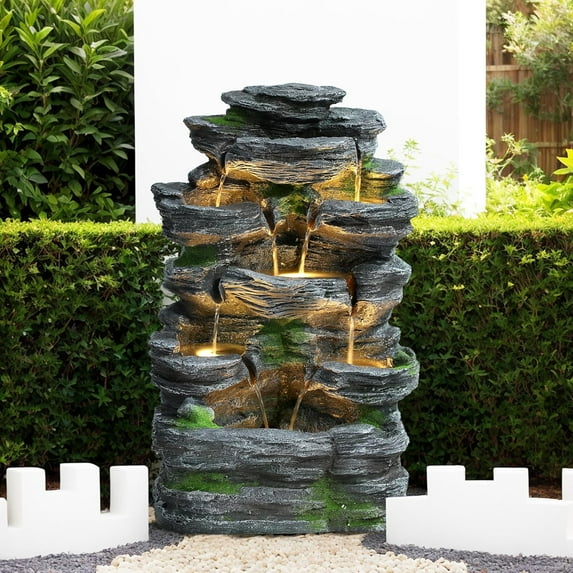 Outdoor Cascading Stone Water Fountain, 7-Tier Floor Natural Looking Rock Fountains with LED Pump Moss Decor, Freestanding Resin Fountain and Cascading Water Feature for Patio Garden, Grey