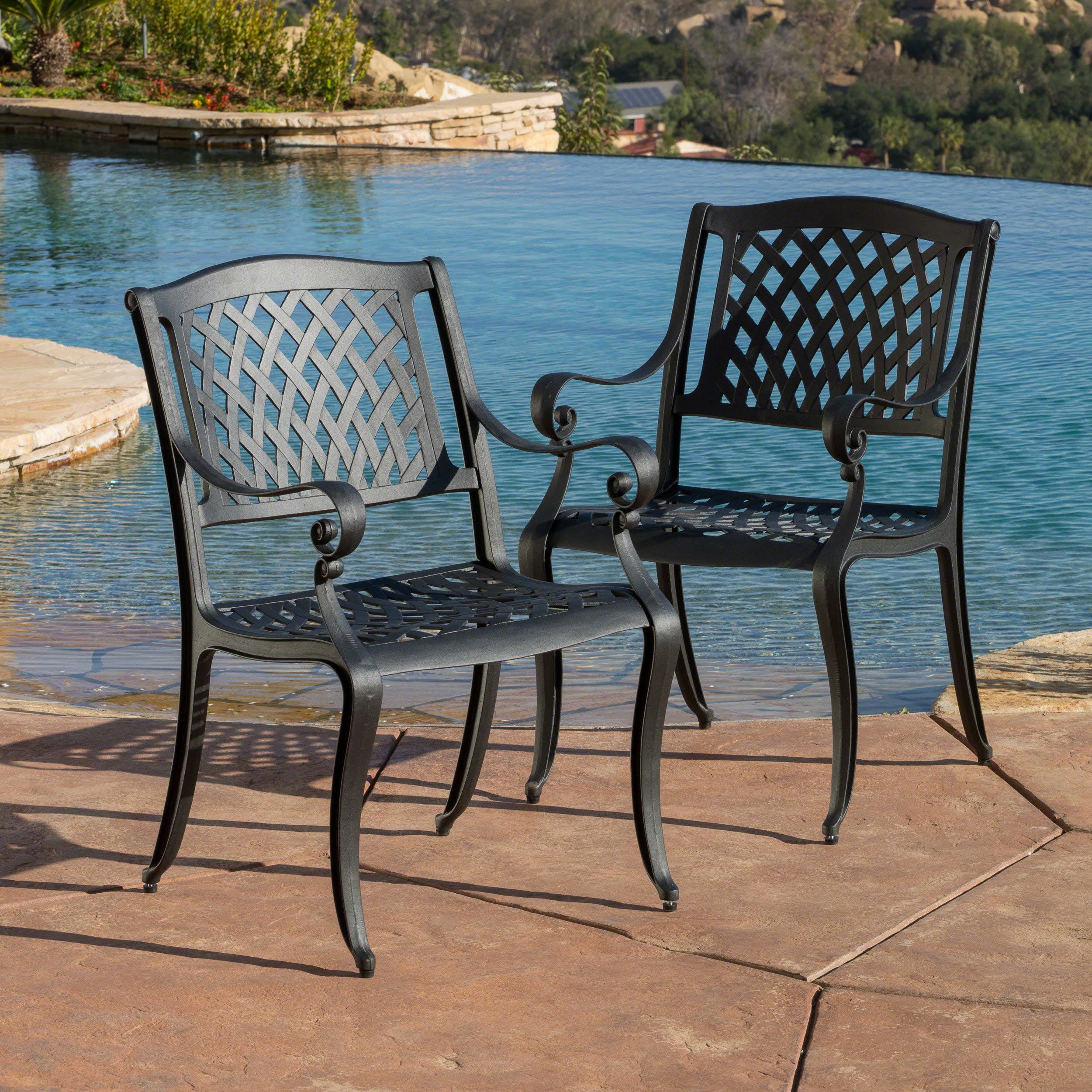 Outdoor Cast Aluminum Arch Mesh Dining Chair Set of 2, Fashion Household Seats for Patio Garden, Black Sand