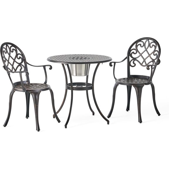 Outdoor Cast Aluminum Bistro Furniture Set with Ice Bucket, 3-Pcs Set, Copper